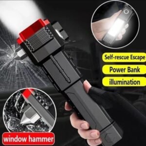 High Power LED Torch Light Rechargeable Flashlight ? Multi Functional Emergency Tool With Power Bank, Window Hammer, And Bright Illumination